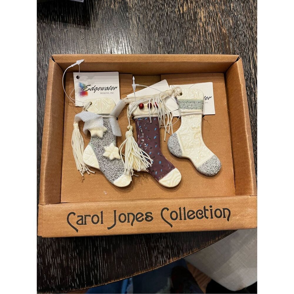 Vintage 90’s Carol Jones Set of 3 Ceramic Stocking Ornaments NIB